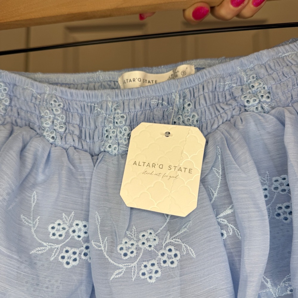 Altar'd State Blue Tiered Ruffle Mini Skort Floral Embroidered Size Small - Picture 4 of 6